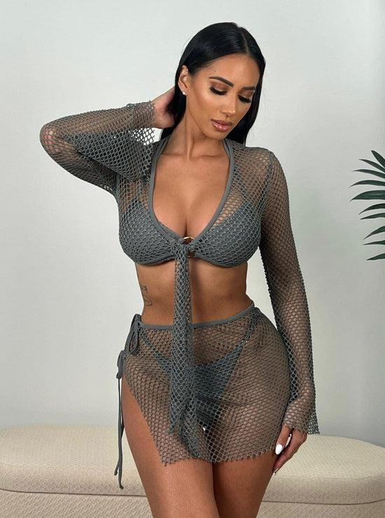 Berry Beachy Swimwear Apparel & Accessories > Clothing > Skirts Grey / Extra Small 2 Pc. Black Tulum Mesh Net Tie Front Top & Skirt Beach Cover-Up Set 2023 Sexy Black Tulum Fishnet Skirt Top Berry Beachy Swimwear Set