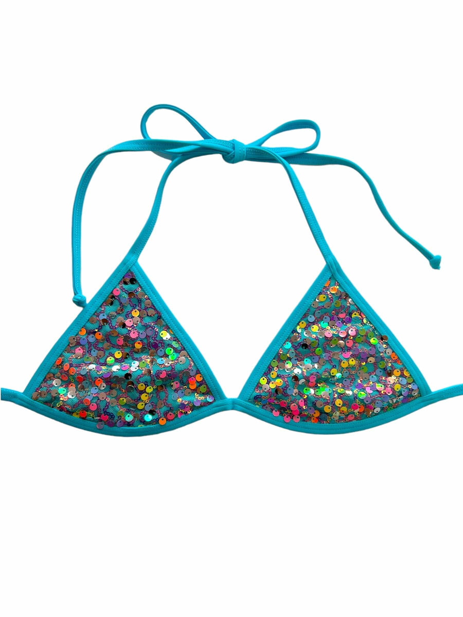 2024 Sexy Blue Sequin Sirena Fixed Triangle Top And V Thong Bikini 3607