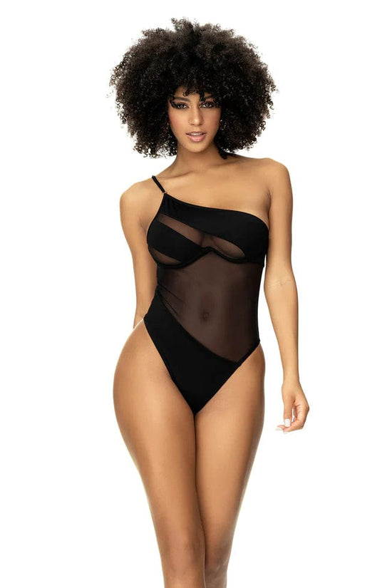 Mapale Apparel & Accessories > Clothing > Swimwear Black / S/M Black Sheer Mesh Underwire One Shoulder Design One Piece Cheeky Thong Swimsuit 2024 Sexy Black Sheer Mesh Underwire One Piece Thong Swimsuit