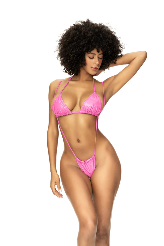 Mapale Apparel & Accessories > Clothing > Swimwear Pink / S/M Gloss Pink Finish Triangle Top & Sling Shot Thong Bikini Swimsuit 2024 Sexy Gloss Pink Finish Triangle Top & Sling Shot Thong Bikini Swimsuit