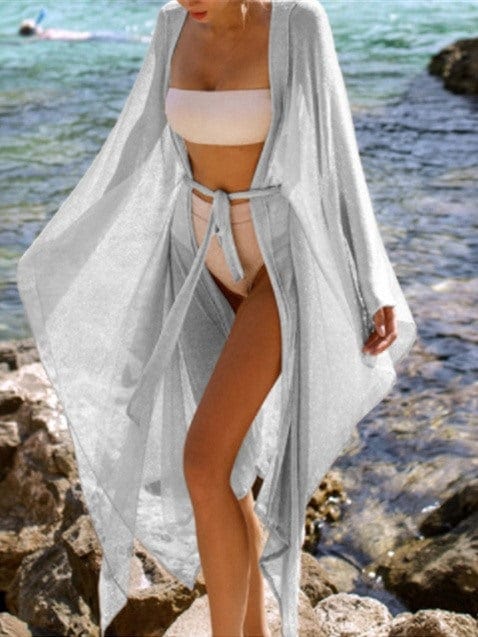 Sizzle Kiss Swimwear Apparel & Accessories > Clothing > Dresses White / One Size White Sheer Long Beach Swimwear Bikini Cover Up Kimono 2023 White Sheer Long Beach Bikini Swimsuit Swimwear Cover Up
