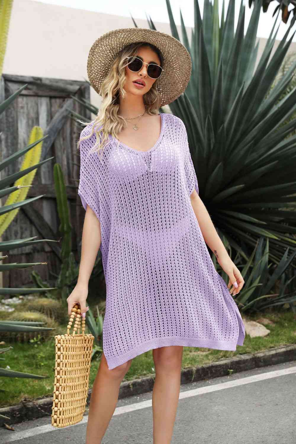 Trendsi Apparel & Accessories > Clothing > Dresses Lavender / One Size Openwork Side Slit Cover-Up Dress