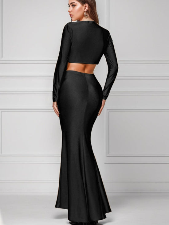 Trendsi Apparel & Accessories > Clothing > Swimwear Ruched Long Sleeve Top and Slit Skirt Set