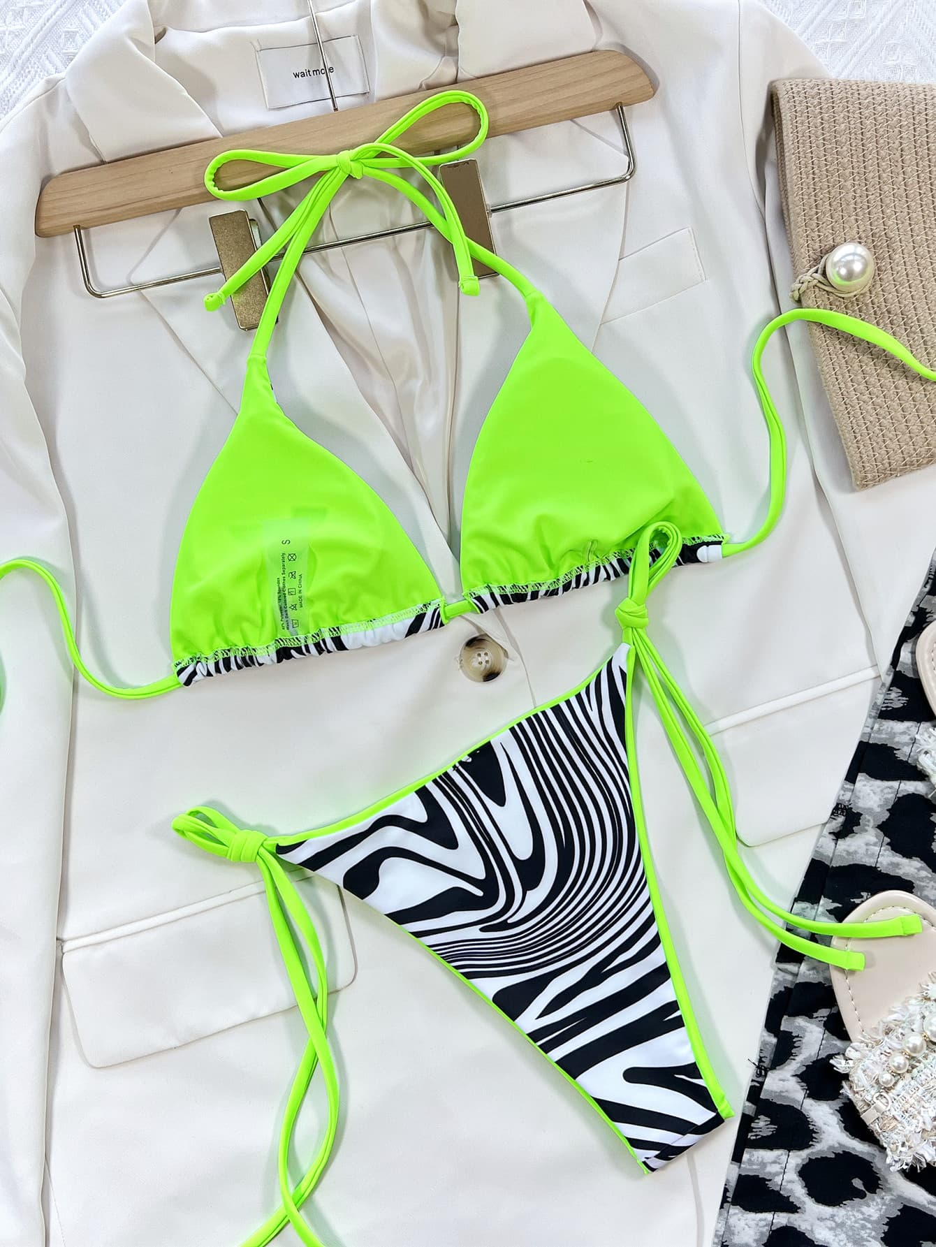 Trendsi Apparel & Accessories > Clothing > Swimwear Zebra Print Halter Neck Bikini Set