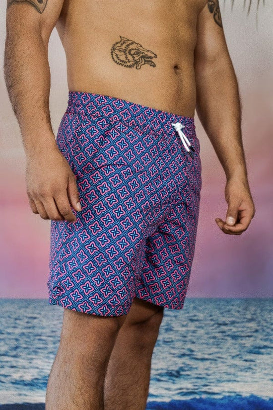 Andrew & Cole Apparel & Accessories > Clothing > Swimwear Men's Blue & Pink Dayiras Print Swim Trunk Shorts 2023 Andrew & Cole Men's Designer Blue Pink Dayiras Swim Trunks