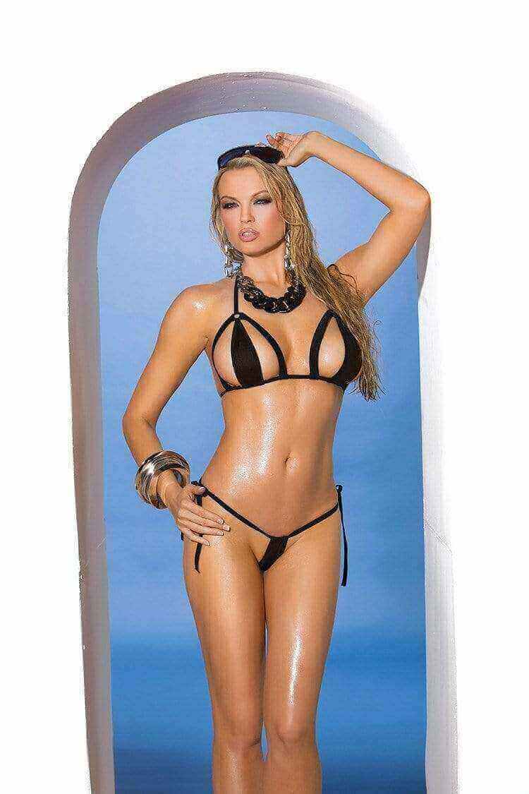 Elegant Moments Apparel & Accessories > Clothing > Swimwear One Size / Black Elegant Moments 81280 Extreme Micro Black Triangle Top and Side Tie G-String Thong Bottom Bikini Swimwear Set Elegant Moments 81280 Extreme Micro Black G-String Thong swimsuit