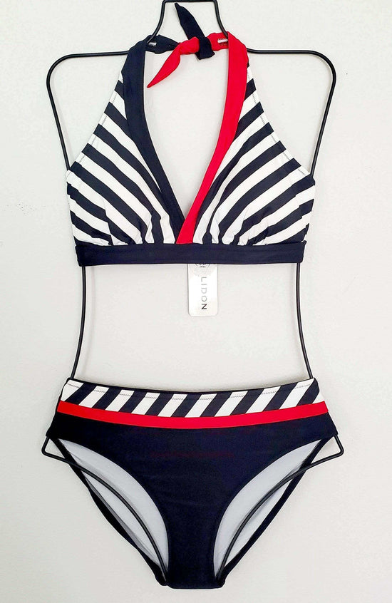 Jolidon Apparel & Accessories > Clothing > Swimwear Black/White Stripe w/Red Trim Halter Top/Moderate Bottom Black White Stripe Red Halter Bikini Swimwear Swimsuit  Jolidon #2502
