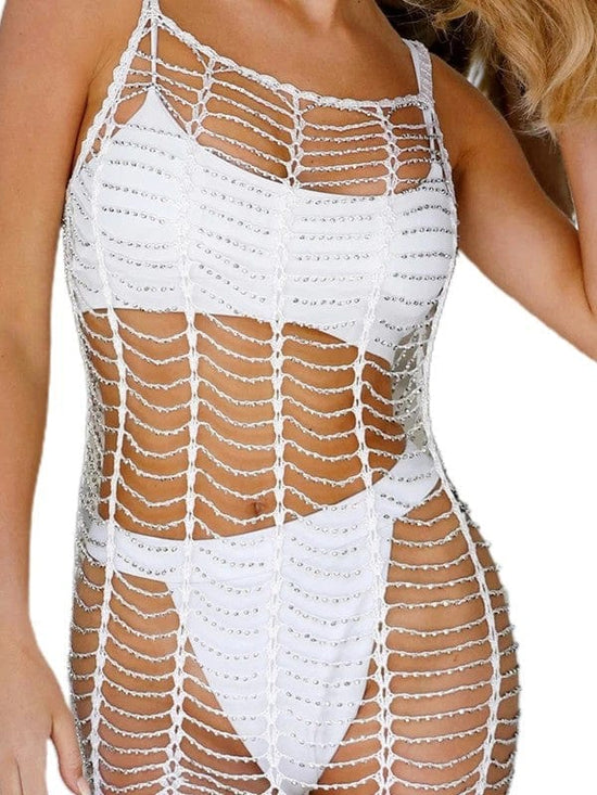 SoHot Swimwear Apparel & Accessories > Clothing > Dresses Black Crochet w/ Rhinestones Short Dress Cover Up (White also available) 2023 Sexy Crochet Black White Net Rhinestone Dress Cover Up