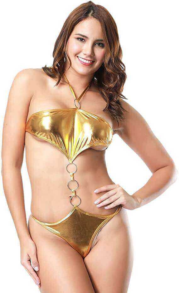 SoHot Swimwear Apparel & Accessories > Clothing > Swimwear One Size / Gold Gold Metallic 3 Ring Thong G-String Monokini Swimsuit (Many colors available) Gold Metallic 3 Ring Micro Extreme Thong G-String Swimsuit