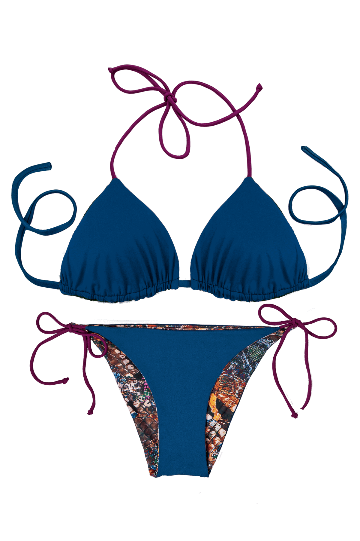Thaikila Apparel & Accessories > Clothing > Swimwear PRINT / One Size Thaikila Snake Reversible Triangle Top and Side Tie Brazilian Bottom Bikini Swimwear Swimsuit Set