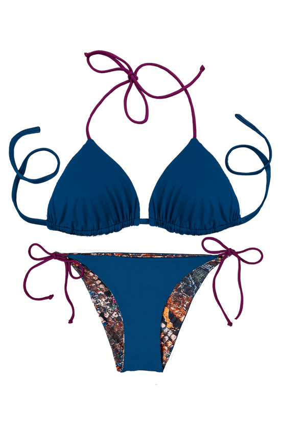 Thaikila Apparel & Accessories > Clothing > Swimwear PRINT / One Size Thaikila Snake Reversible Triangle Top and Side Tie Brazilian Bottom Bikini Swimwear Swimsuit Set