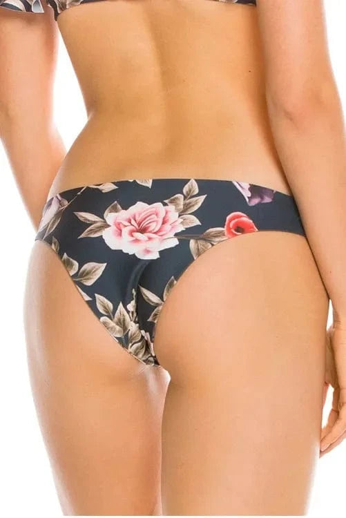 Agua Bendita Apparel & Accessories > Clothing > Swimwear Print / Small / Small Black Floral Bandeau Top & Reversible Cheeky Bottom Bikini Swimsuit Black Floral Bandeau Top & Reversible Cheeky Bottom Swimsuit