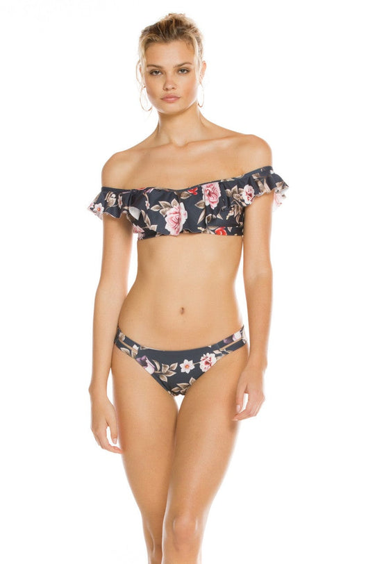 Agua Bendita Apparel & Accessories > Clothing > Swimwear Print / Small / Small Black Floral Bandeau Top & Reversible Cheeky Bottom Bikini Swimsuit Black Floral Bandeau Top & Reversible Cheeky Bottom Swimsuit