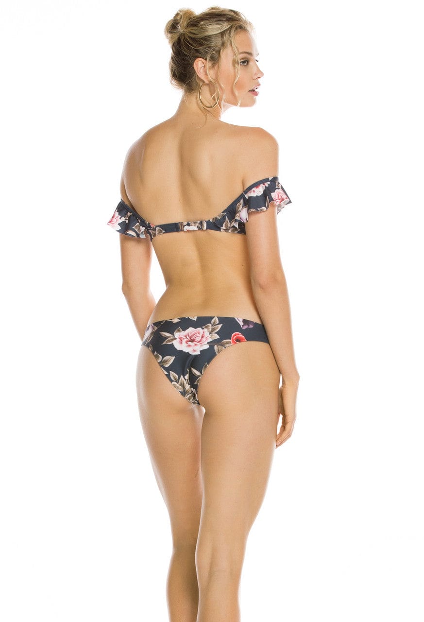 Agua Bendita Apparel & Accessories > Clothing > Swimwear Print / Small / Small Black Floral Bandeau Top & Reversible Cheeky Bottom Bikini Swimsuit Black Floral Bandeau Top & Reversible Cheeky Bottom Swimsuit