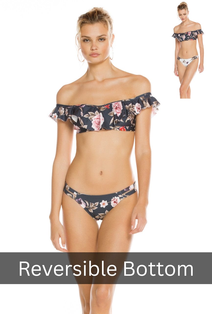 Agua Bendita Apparel & Accessories > Clothing > Swimwear Print / Small / Small Black Floral Bandeau Top & Reversible Cheeky Bottom Bikini Swimsuit Black Floral Bandeau Top & Reversible Cheeky Bottom Swimsuit