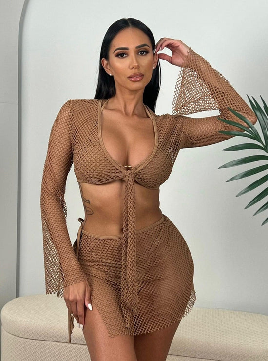 Berry Beachy Swimwear Apparel & Accessories > Clothing > Skirts 2 Pc. Gray Tulum Mesh Net Tie Front Top & Skirt Beach Cover-Up Set 2023 Sexy Gray Berry Beachy Swimwear Sexy Tulum Net Skirt Top Set