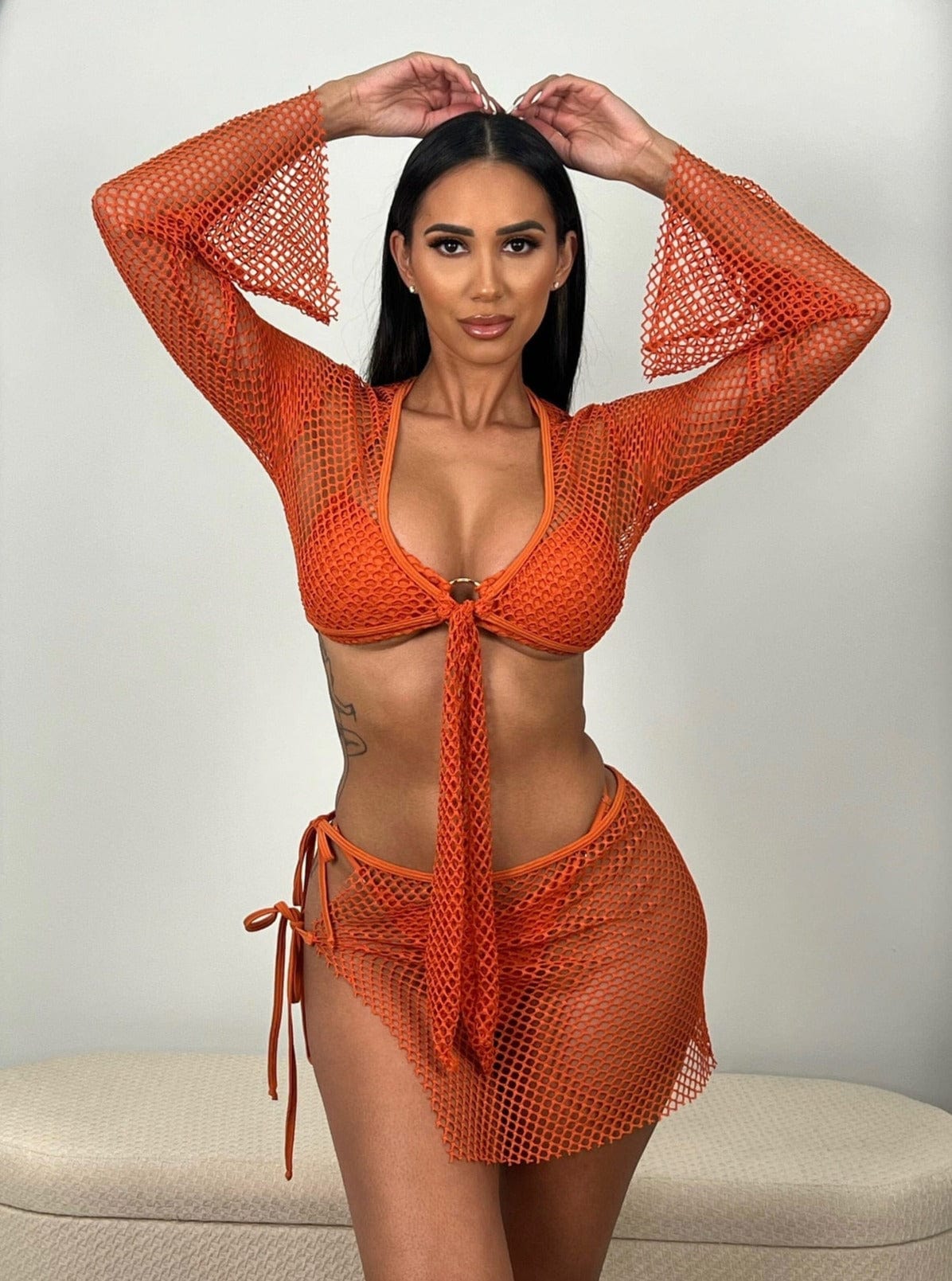 Berry Beachy Swimwear Apparel & Accessories > Clothing > Skirts 2 Pc. Red Tulum Mesh Net Tie Front Top & Skirt Beach Cover-Up Set 2023 Sexy Red Mesh Berry Beachy Swimwear Tulum Net Skirt Top Set