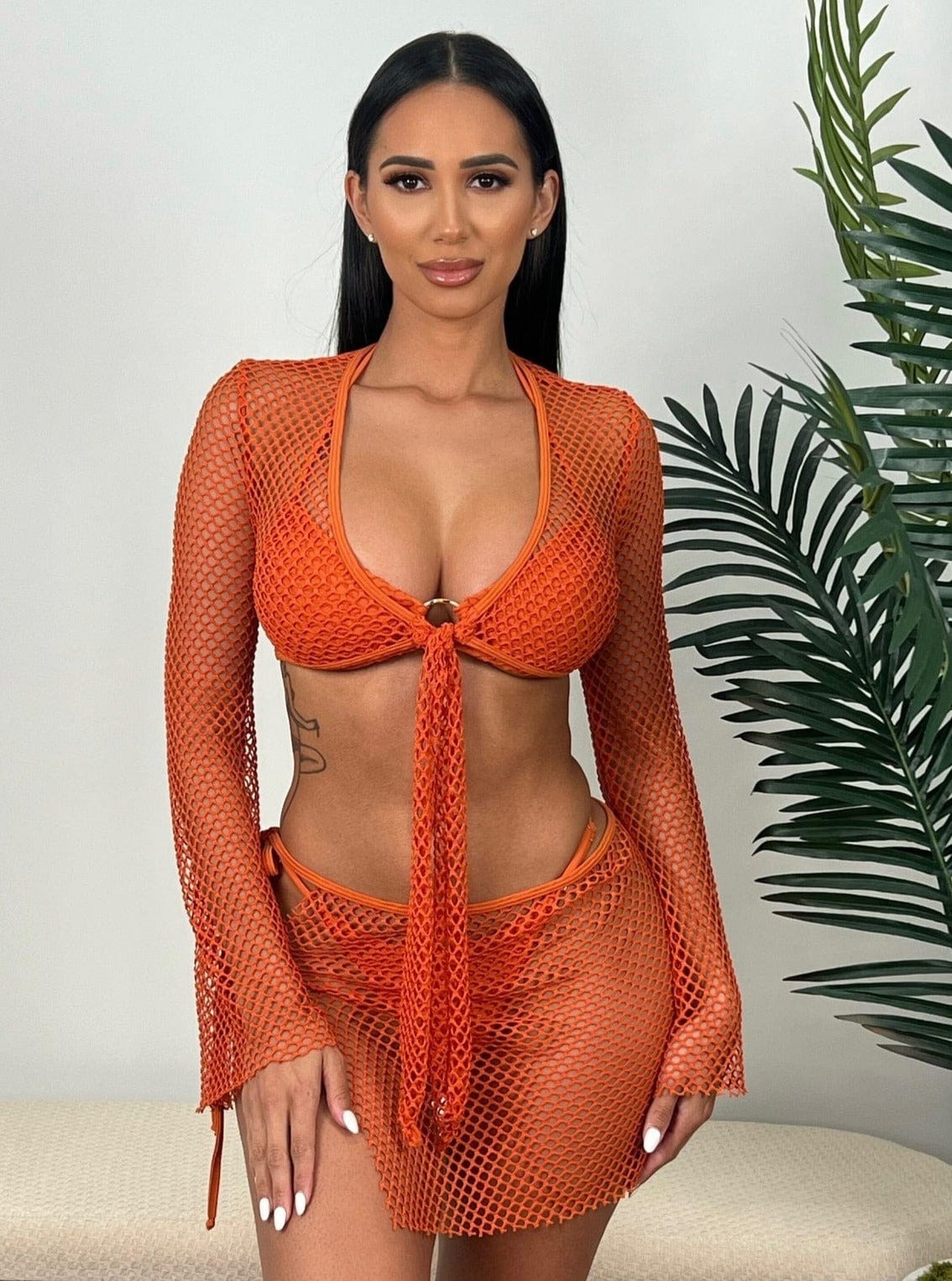 Berry Beachy Swimwear Apparel & Accessories > Clothing > Skirts 2 Pc. Sage Green Tulum Mesh Net Tie Front Top & Skirt Beach Cover-Up Set 2023 Sage Green Berry Beachy Swimwear Tulum Fishnet Skirt Top Set