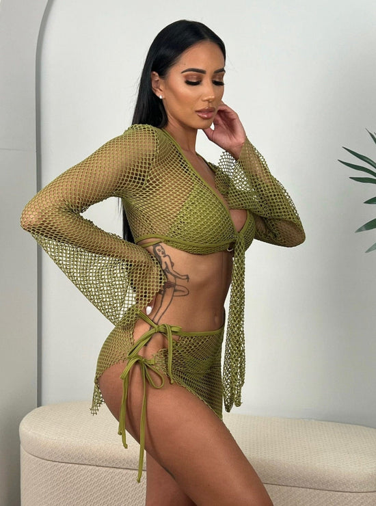 Berry Beachy Swimwear Apparel & Accessories > Clothing > Skirts 2 Pc. Sage Green Tulum Mesh Net Tie Front Top & Skirt Beach Cover-Up Set 2023 Sage Green Berry Beachy Swimwear Tulum Fishnet Skirt Top Set