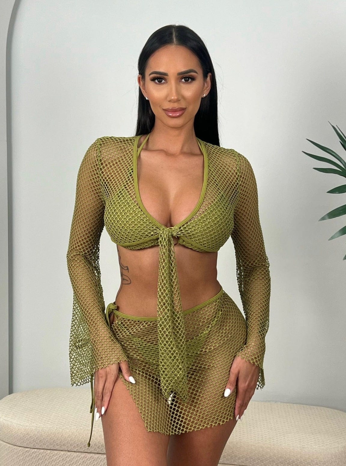 Berry Beachy Swimwear Apparel & Accessories > Clothing > Skirts 2 Pc. Tulum Tan Mesh Net Tie Front Top & Skirt Beach Cover-Up Set 2023 Sexy Tan Nude Berry Beachy Swimwear Tulum Net Skirt Top Set