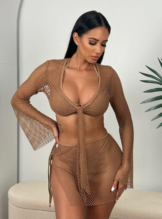 Berry Beachy Swimwear Apparel & Accessories > Clothing > Skirts 2 Pc. Tulum White Mesh Net Tie Front Top & Skirt Beach Cover-Up Set 2023 White Nude Berry Beachy Swimwear Tulum Net Skirt Top Set