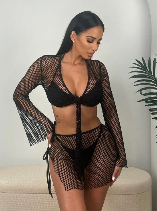 Berry Beachy Swimwear Apparel & Accessories > Clothing > Skirts Black / Extra Small 2 Pc. Black Tulum Mesh Net Tie Front Top & Skirt Beach Cover-Up Set 2023 Sexy Black Tulum Fishnet Skirt Top Berry Beachy Swimwear Set