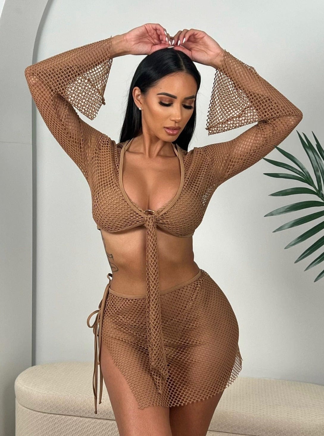 Berry Beachy Swimwear Apparel & Accessories > Clothing > Skirts Nude / Extra Small 2 Pc. Sage Green Tulum Mesh Net Tie Front Top & Skirt Beach Cover-Up Set 2023 Sage Green Berry Beachy Swimwear Tulum Fishnet Skirt Top Set