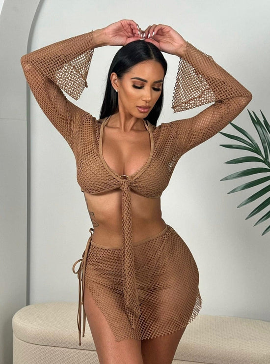 Berry Beachy Swimwear Apparel & Accessories > Clothing > Skirts Nude / Extra Small 2 Pc. Tulum Tan Mesh Net Tie Front Top & Skirt Beach Cover-Up Set 2023 Sexy Tan Nude Berry Beachy Swimwear Tulum Net Skirt Top Set