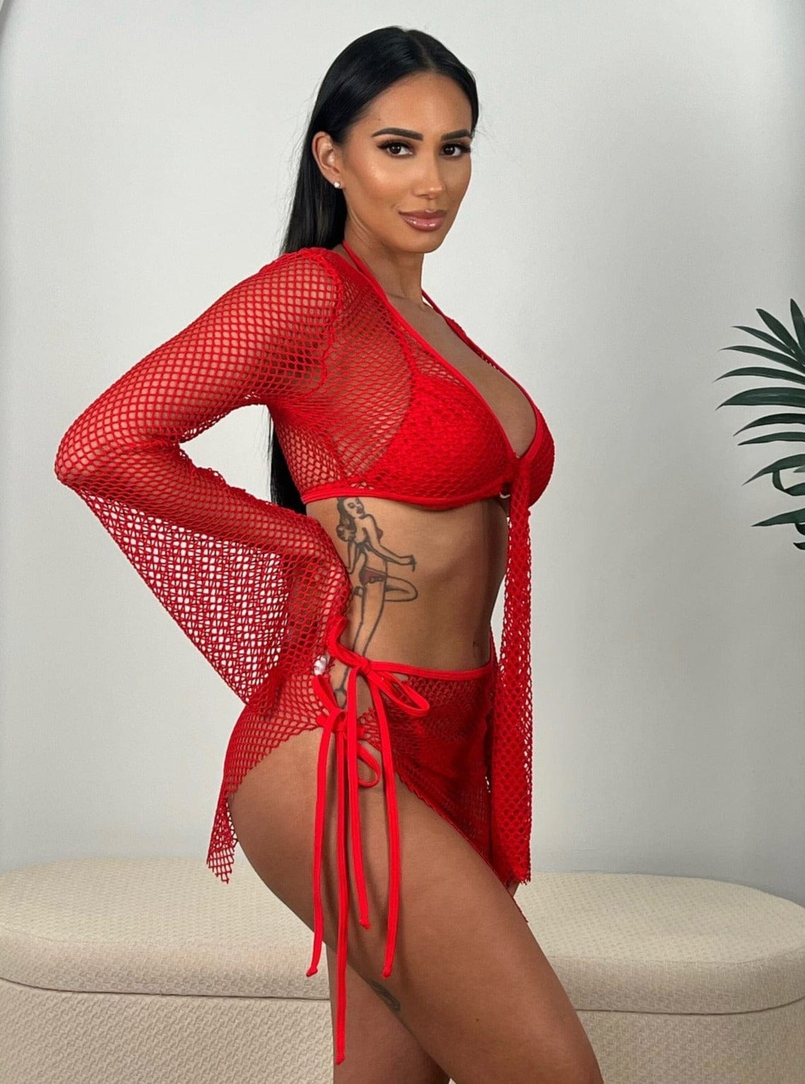 Berry Beachy Swimwear Apparel & Accessories > Clothing > Skirts Red / Extra Small 2 Pc. Black Tulum Mesh Net Tie Front Top & Skirt Beach Cover-Up Set 2023 Sexy Black Tulum Fishnet Skirt Top Berry Beachy Swimwear Set
