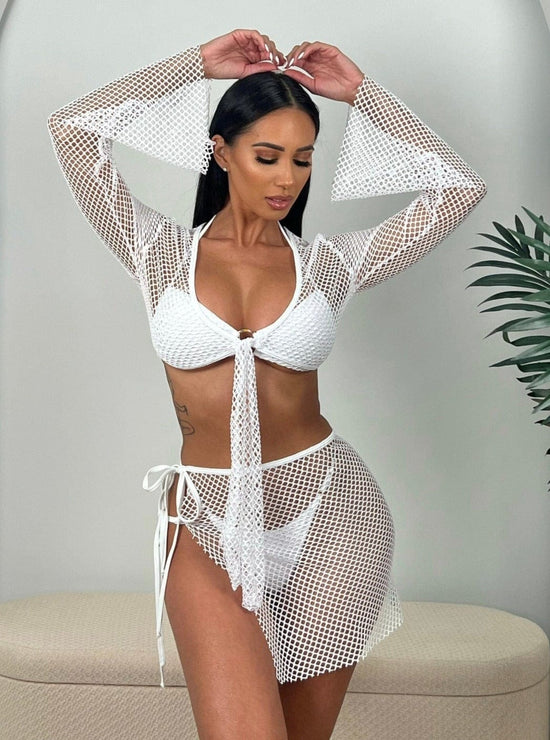 Berry Beachy Swimwear Apparel & Accessories > Clothing > Skirts White / Extra Small 2 Pc. Ginger Orange Tulum Mesh Net Tie Front Top & Skirt Beach Cover-Up Set 2023 Ginger Orange Berry Beachy Swimwear Tulum Net Skirt Top Set