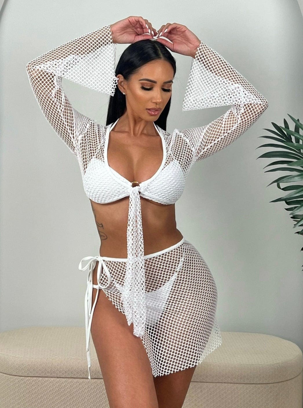Berry Beachy Swimwear Apparel & Accessories > Clothing > Skirts White / Extra Small 2 Pc. Gray Tulum Mesh Net Tie Front Top & Skirt Beach Cover-Up Set 2023 Sexy Gray Berry Beachy Swimwear Sexy Tulum Net Skirt Top Set