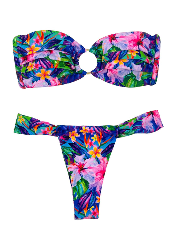 Berry Beachy Swimwear Apparel & Accessories > Clothing > Swimwear Blue / Extra Small / Extra Small Blue Tropical Bliss Bandeau Top & Vintage Slide Thong G-String Bottom Bikini (Plus Sizes Available) Blue Tropical Bliss Bandeau Top Thong Berry Beachy Swimsuit