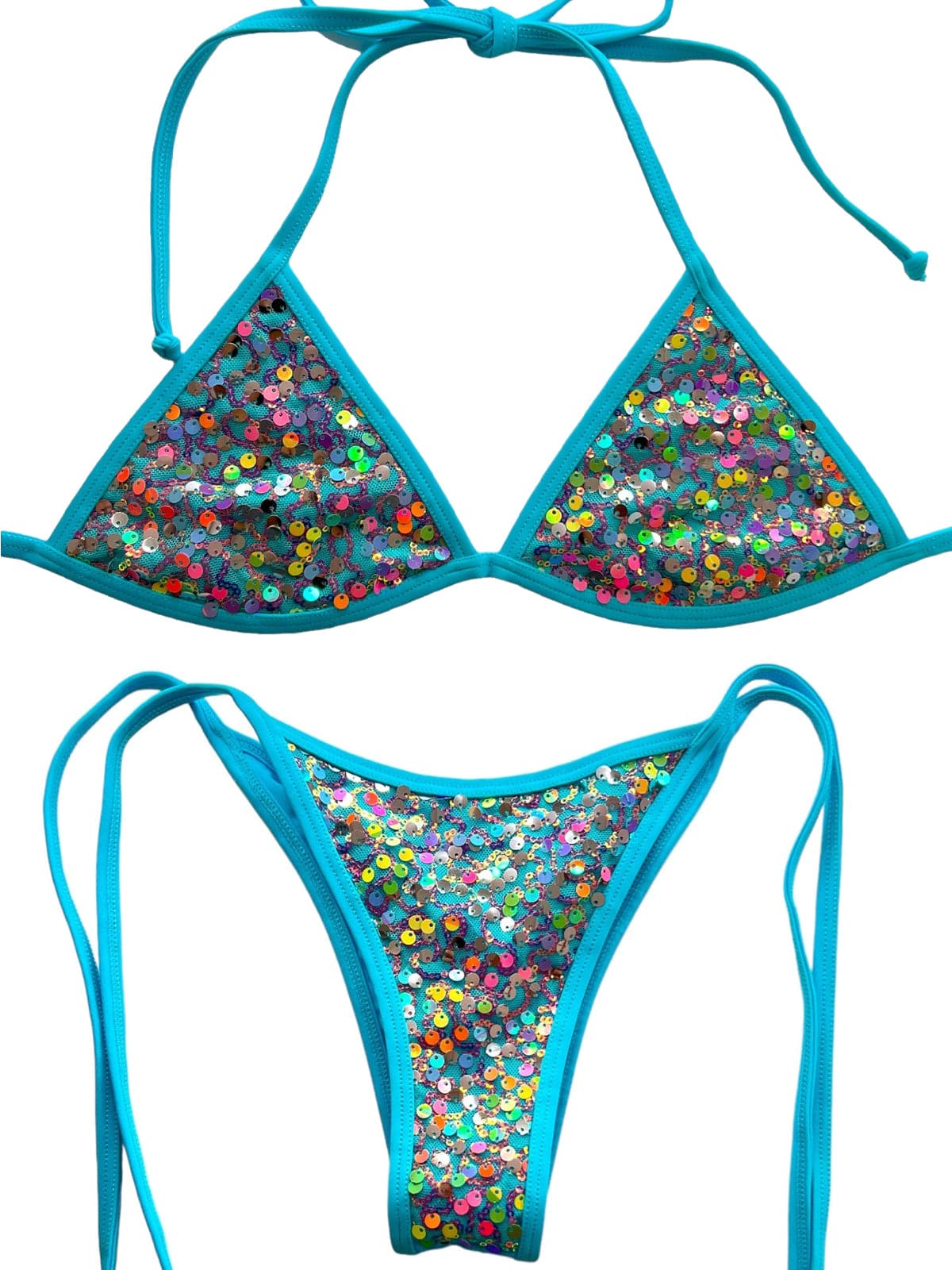 Berry Beachy Swimwear Apparel & Accessories > Clothing > Swimwear Blue / Extra Small / Extra Small Sirena Blue Sequin Fixed Triangle Top & Tie Side Cheeky Scrunch Bottom Bikini (Plus Sizes Available) 2024 Sexy Blue Sequin Sirena Fixed Triangle Top & V Thong Bikini