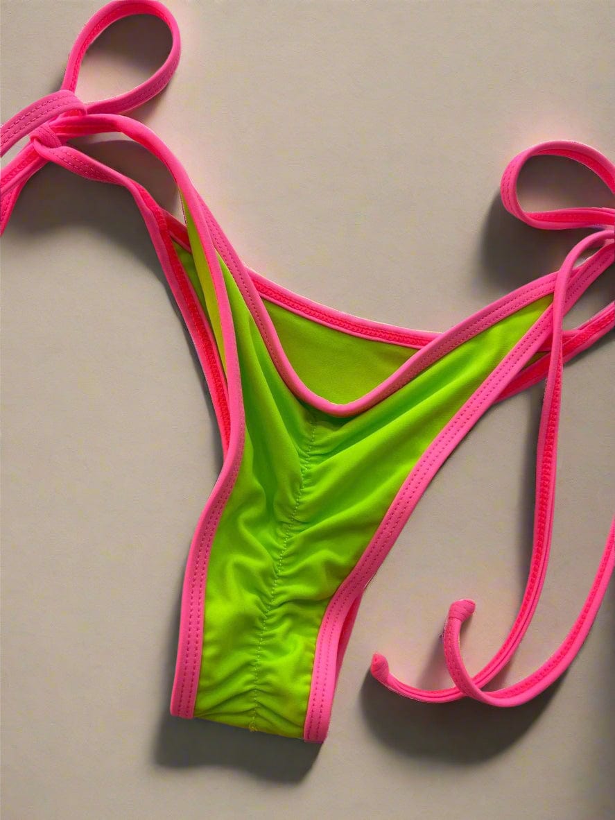 Berry Beachy Swimwear Apparel & Accessories > Clothing > Swimwear Kiwi Green w/ Neon Pink Mesh Tulum Triangle Top & Cheeky Scrunch Bottom Bikini (Also Plus Sizes) Sexy Kiwi Green & Pink Tulum Triangle & Cheeky Bottom Bikini