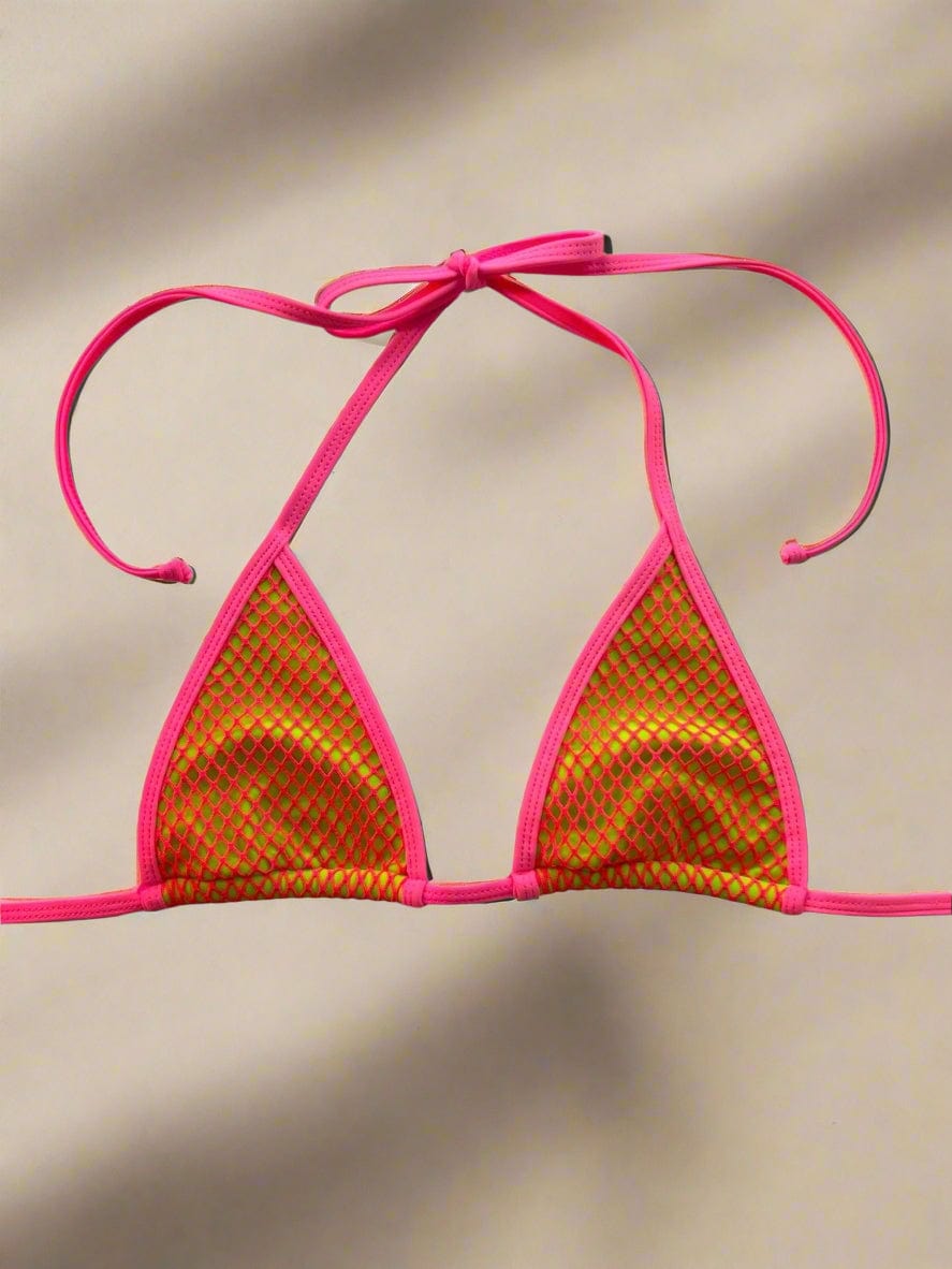 Berry Beachy Swimwear Apparel & Accessories > Clothing > Swimwear Kiwi Green w/ Neon Pink Mesh Tulum Triangle Top & Cheeky Scrunch Bottom Bikini (Also Plus Sizes) Sexy Kiwi Green & Pink Tulum Triangle & Cheeky Bottom Bikini