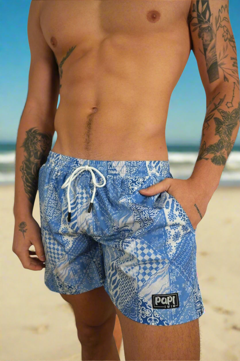 Berry Beachy Swimwear Apparel & Accessories > Clothing > Swimwear Men's Denim Daze Print 4-Way Stretch Fabric Swim Trunk 5.5" & 7.5" Inseam 2025 Papi Swim Men's Paisley Print Swim Trunks Board Shorts