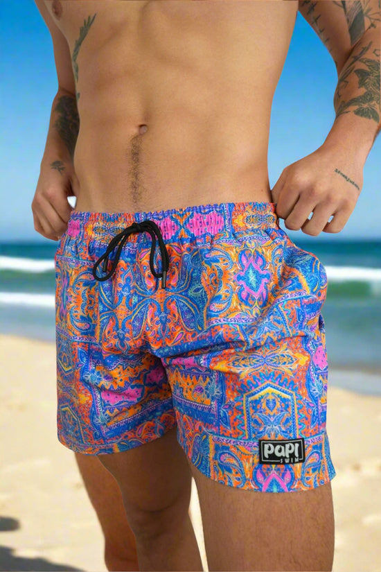 Berry Beachy Swimwear Apparel & Accessories > Clothing > Swimwear Men's Paisley Tide Print 4-Way Stretch Fabric Swim Trunk 5.5" & 7.5" Inseam 2025 Papi Swim Men's Paisley Print Swim Trunks Board Shorts