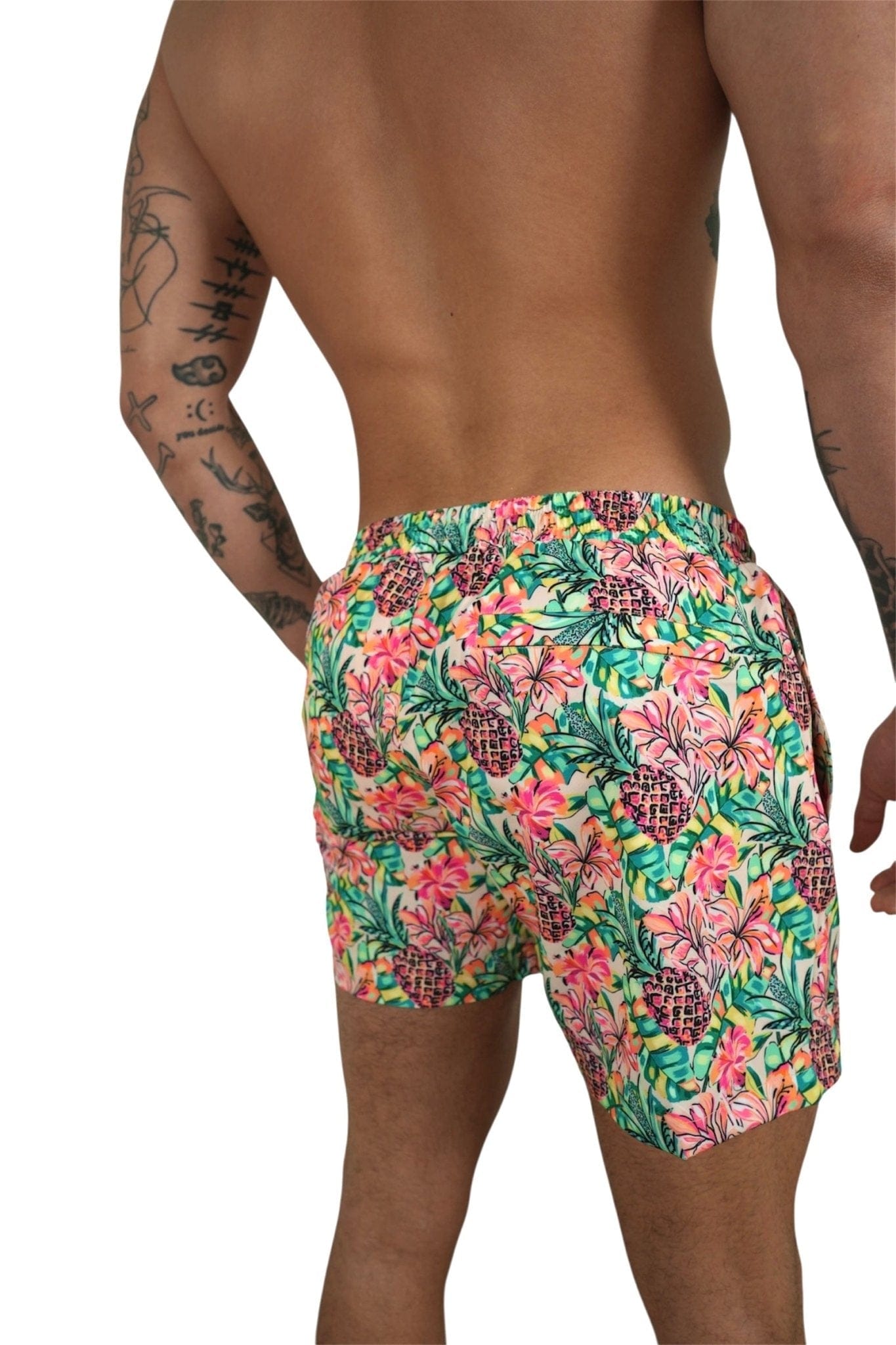 Berry Beachy Swimwear Apparel & Accessories > Clothing > Swimwear Men's Pineapple Bloom Print 4-Way Stretch Fabric Swim Trunk 5.5" & 7.5" Inseam Papi Swim Men's Multi Pineapple Bloom Swim Trunks Board Shorts