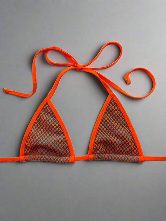 Berry Beachy Swimwear Apparel & Accessories > Clothing > Swimwear Neon Orange Tulum Fishnet Triangle Top & Cheeky Scrunch Bottom Bikini (Plus Sizes Available) 2024 Orange Net Tulum Triangle Top & Cheeky Berry Beachy Bikini