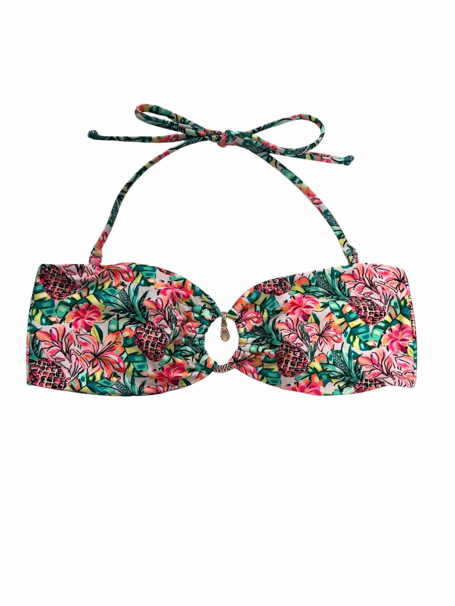 Berry Beachy Swimwear Apparel & Accessories > Clothing > Swimwear Pineapple Bloom Bandeau Top & Ruched Thong Bottom Bikini Swimsuit (Plus Sizes Available) Pineapple Bloom Bandeau Top & Ruched Thong Bottom Swimsuit