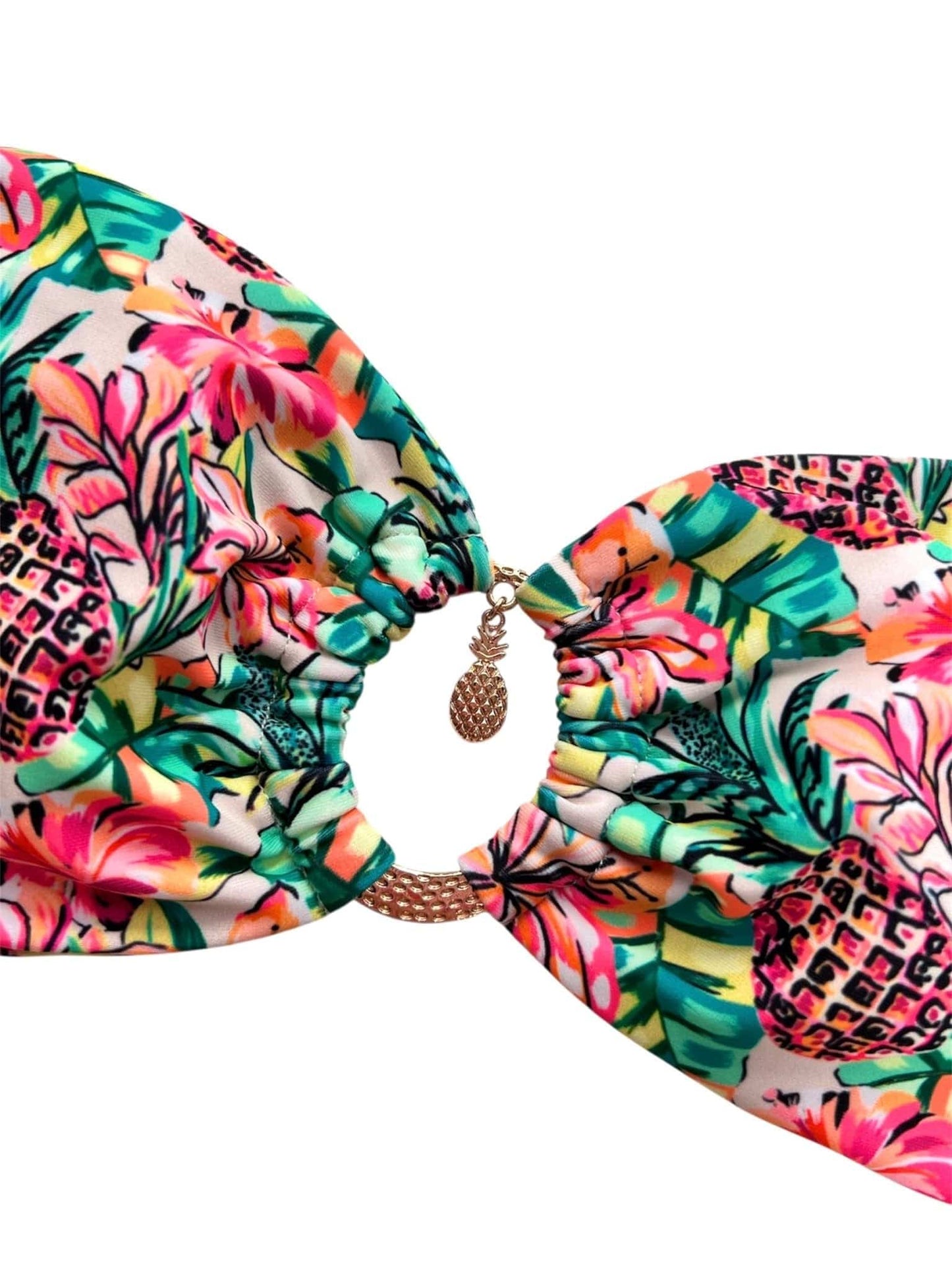 Berry Beachy Swimwear Apparel & Accessories > Clothing > Swimwear Pineapple Bloom Bandeau Top & Ruched Thong Bottom Bikini Swimsuit (Plus Sizes Available) Pineapple Bloom Bandeau Top & Ruched Thong Bottom Swimsuit