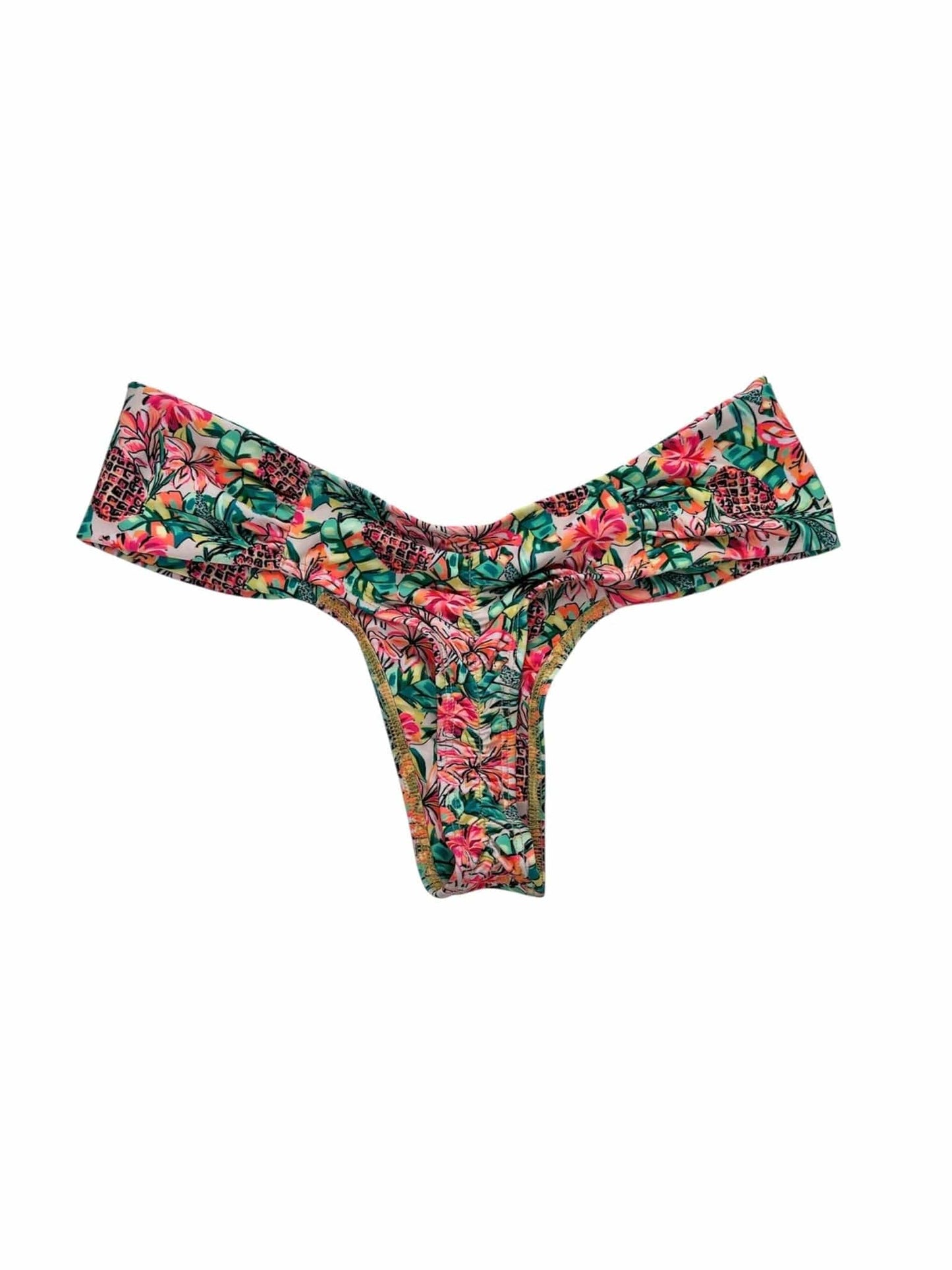 Berry Beachy Swimwear Apparel & Accessories > Clothing > Swimwear Pineapple Bloom Bandeau Top & Ruched Thong Bottom Bikini Swimsuit (Plus Sizes Available) Pineapple Bloom Bandeau Top & Ruched Thong Bottom Swimsuit