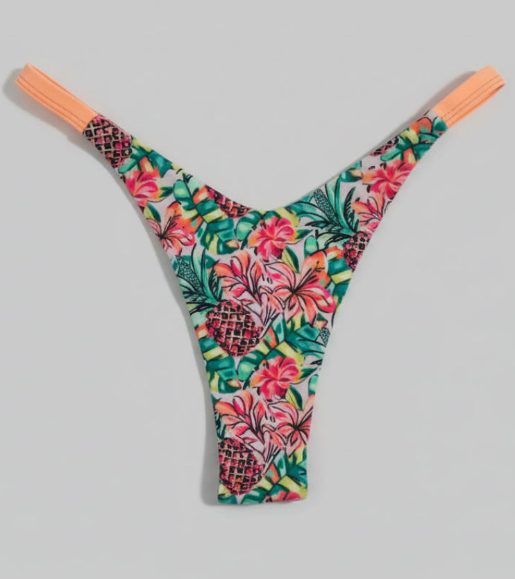 Berry Beachy Swimwear Apparel & Accessories > Clothing > Swimwear Pineapple Bloom Halter Top & Vintage Slide Thong Bottom Bikini Swimsuit (Plus Sizes Available) Pineapple Bloom Halter Bralette Top & Slide Thong Bikini Swimsuit
