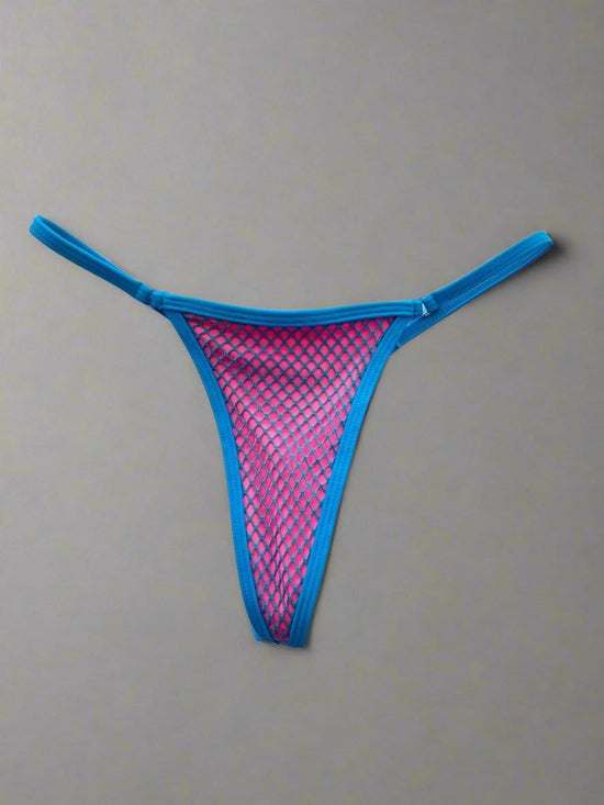 Berry Beachy Swimwear Apparel & Accessories > Clothing > Swimwear Pink & Neon Blue Fishnet Tulum Micro Top & Micro Thong Bottom Bikini (Plus Sizes Available) 2024 Sexy Pink Blue Tulum Fishnet Micro Top & Micro Bottom Bikini