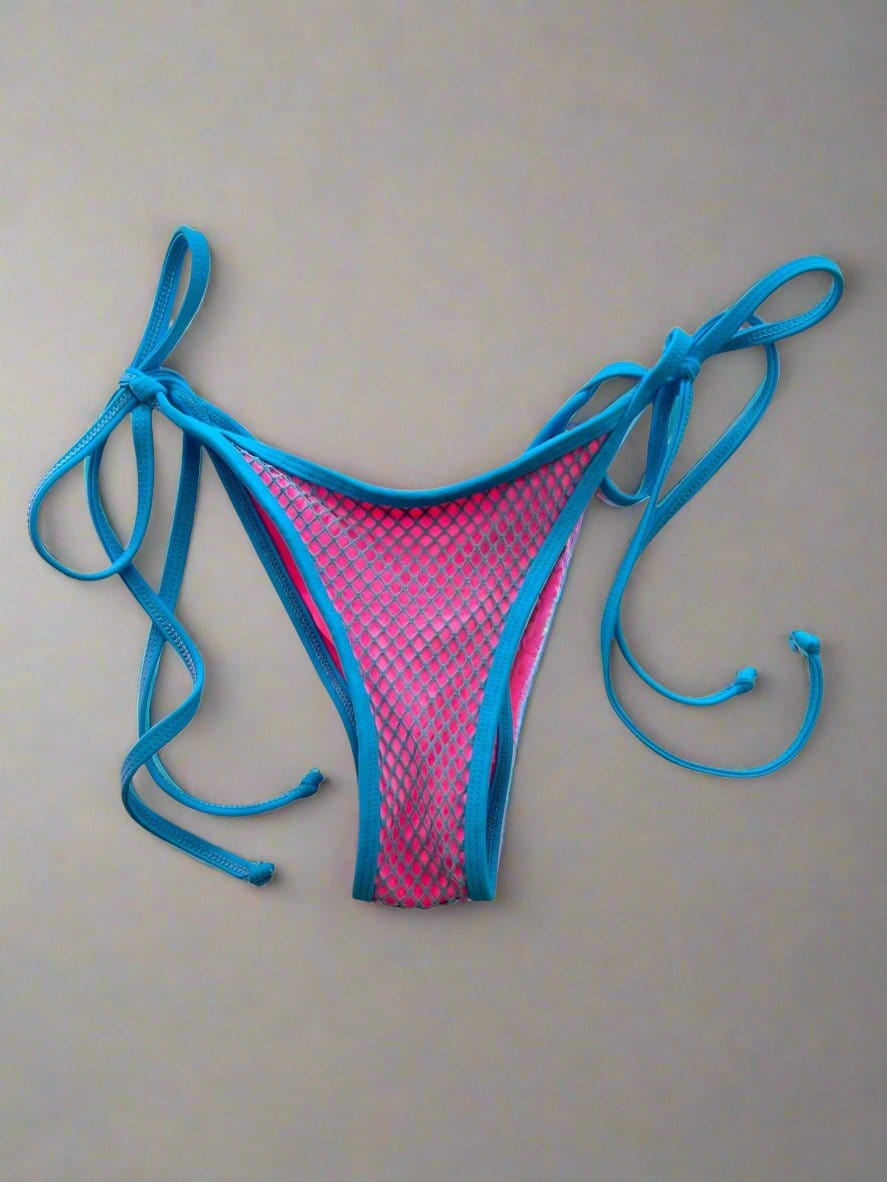 Berry Beachy Swimwear Apparel & Accessories > Clothing > Swimwear Pink w/ Neon Blue Mesh Tulum Triangle Top & Cheeky Scrunch Bottom Bikini (Also Plus Sizes) 2024 Sexy Pink & Neon Blue Tulum Triangle & Cheeky Bottom Bikini