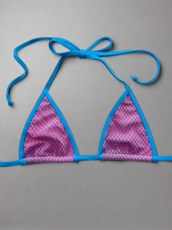 Berry Beachy Swimwear Apparel & Accessories > Clothing > Swimwear Pink w/ Neon Blue Mesh Tulum Triangle Top & Cheeky Scrunch Bottom Bikini (Also Plus Sizes) 2024 Sexy Pink & Neon Blue Tulum Triangle & Cheeky Bottom Bikini