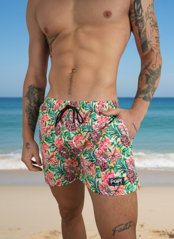 Berry Beachy Swimwear Apparel & Accessories > Clothing > Swimwear Print / 5.5" Inseam / Small Men's Pineapple Bloom Print 4-Way Stretch Fabric Swim Trunk 5.5" & 7.5" Inseam Papi Swim Men's Multi Pineapple Bloom Swim Trunks Board Shorts