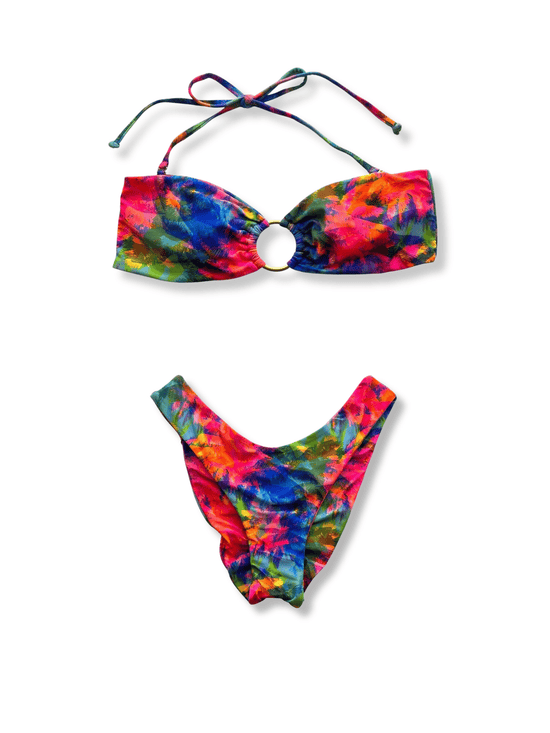 Berry Beachy Swimwear Apparel & Accessories > Clothing > Swimwear Print / Extra Small / Extra Small Neon Palms Bandeau Top & Cheeky Scrunch Bottom Bikini Swimsuit (Plus Sizes Available) Neon Palms Bandeau Top Cheeky Scrunch Bottom Bikini Swimsuit