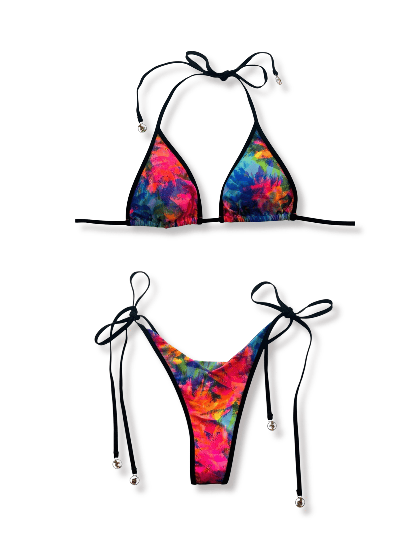 Berry Beachy Swimwear Apparel & Accessories > Clothing > Swimwear Print / Extra Small / Extra Small Neon Palms Fully Lined Triangle Top & Tie Side V-Cut Thong Bottom Bikini Swimsuit (Plus Sizes Available) Neon Palms Triangle Top Tie Side V-Cut Thong Bottom Swimsuit