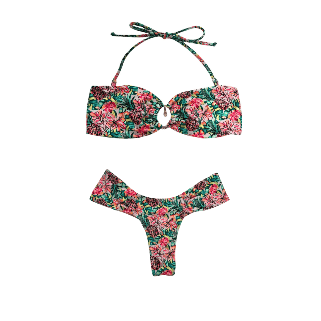 Berry Beachy Swimwear Apparel & Accessories > Clothing > Swimwear Print / Extra Small / Extra Small Pineapple Bloom Bandeau Top & Ruched Thong Bottom Bikini Swimsuit (Plus Sizes Available) Pineapple Bloom Bandeau Top & Ruched Thong Bottom Swimsuit